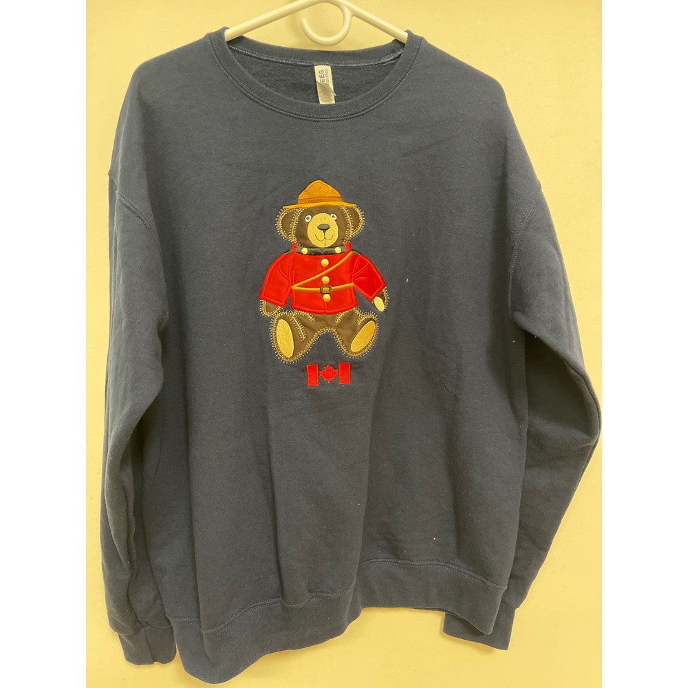 Jerzees NuBlend Canada Mountie Bear Embroidered Sweatshirt Navy Blue Large